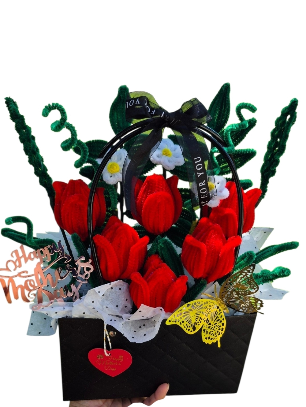Handmade Red Velvet Tulip Basket with Green Foliage